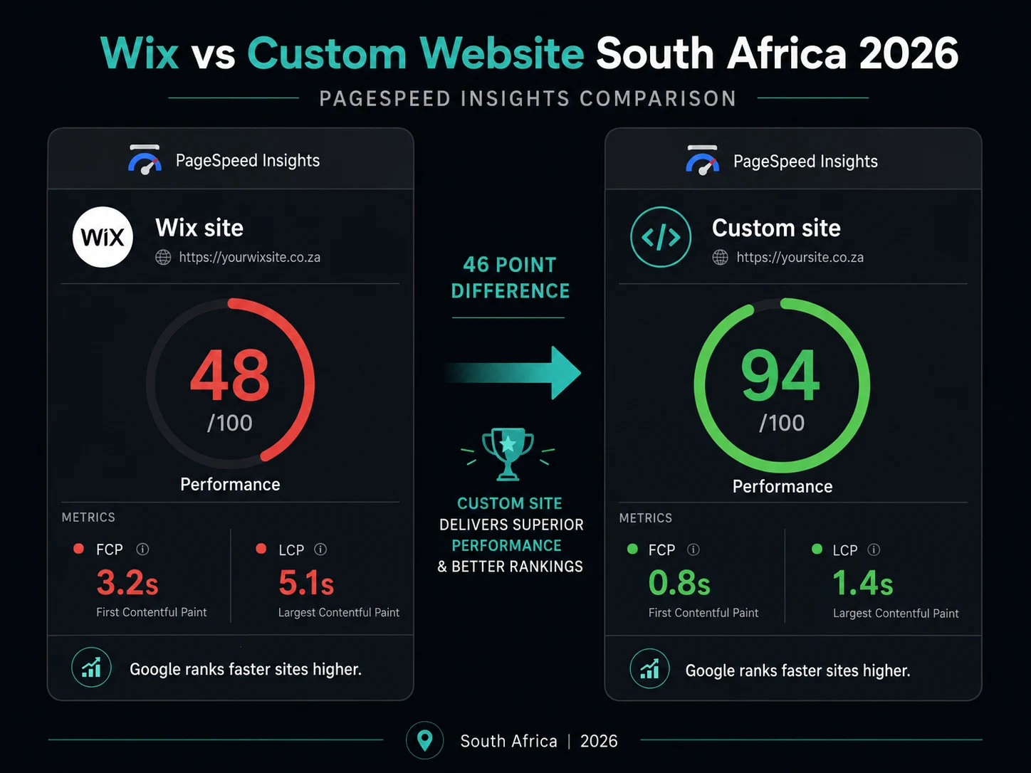 Google PageSpeed Insights comparison — Wix website scoring 48 vs custom-coded South African website scoring 94, showing SEO and ranking impact